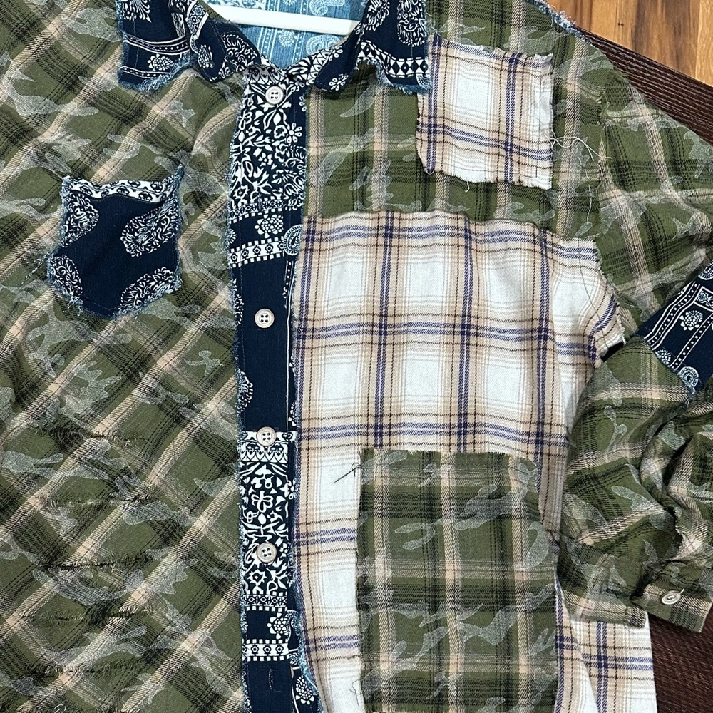 POL Green and Blue Patchwork Button Down Shirt - image 1
